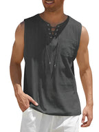 Débardeur noir sans manches pour homme avec lacets, poche poitrine, style décontracté estival. Mode masculine, vêtement léger, tendance été.