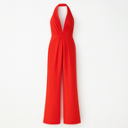 Red Women's Sleeveless Jumpsuit and Wide Leg & Deep V Neck