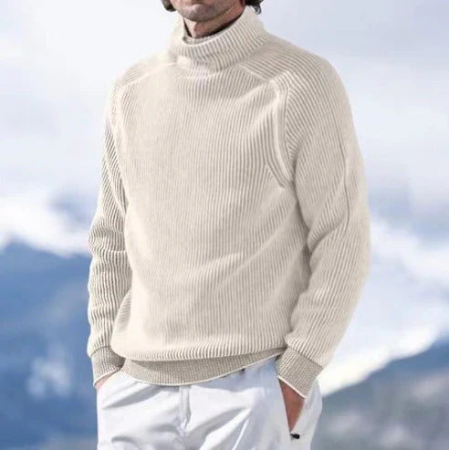 Pull en maille côtelée beige pour homme à col roulé