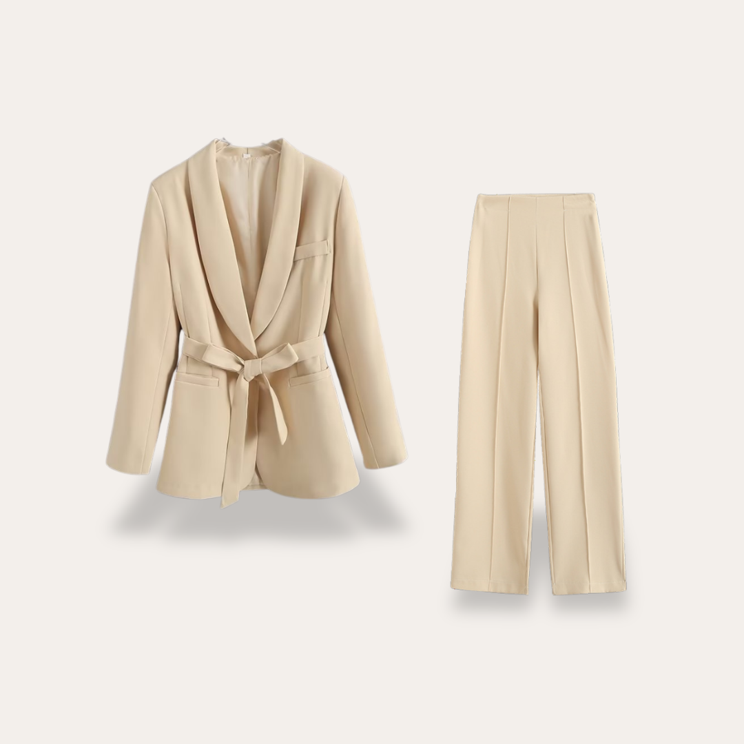 Blazer pour femme avec ceinture et pantalon à jambes larges, ensemble deux pièces
