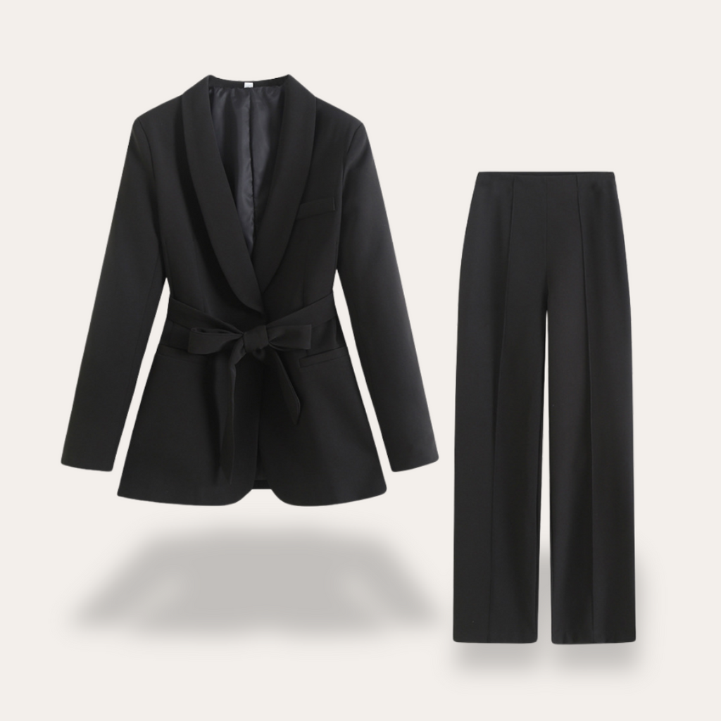Blazer pour femme avec ceinture et pantalon à jambes larges, ensemble deux pièces