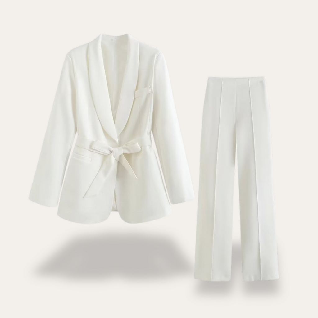 Blazer pour femme avec ceinture et pantalon à jambes larges, ensemble deux pièces