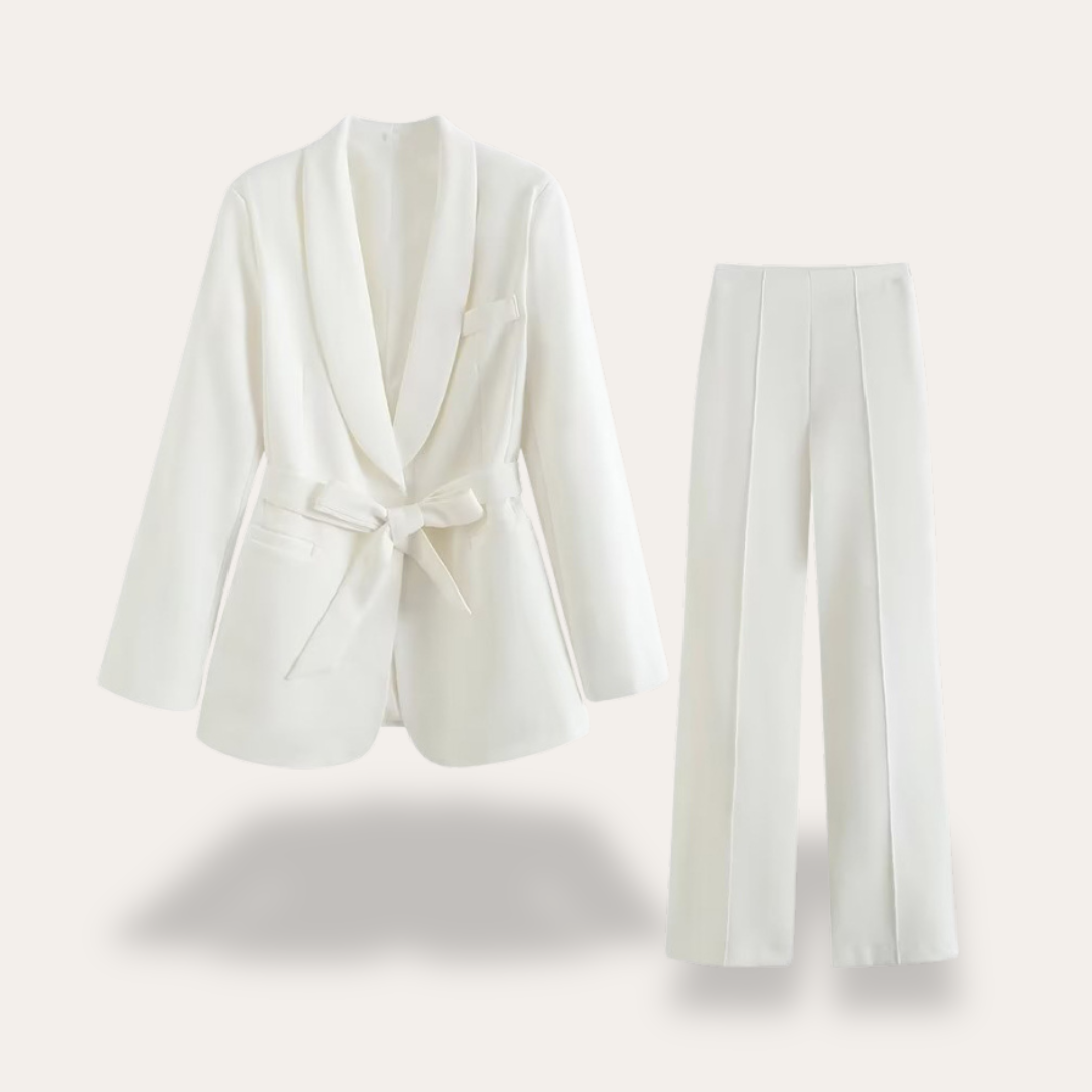 Blazer pour femme avec ceinture et pantalon à jambes larges, ensemble deux pièces