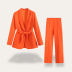 Blazer pour femme avec ceinture et pantalon à jambes larges, ensemble deux pièces