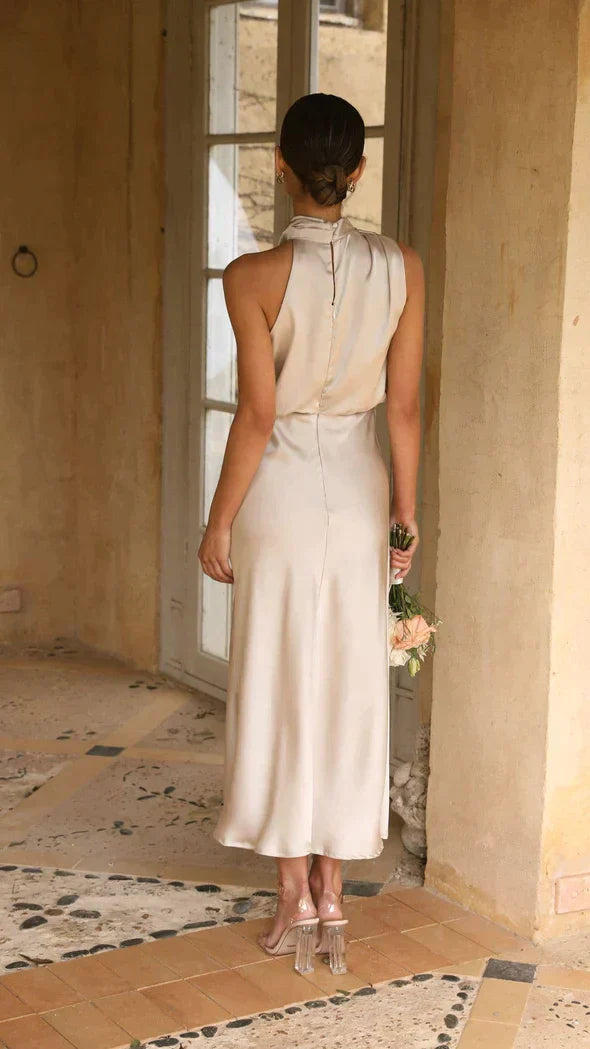 Robe midi élégante pour femme, à col halter et décolleté drapé