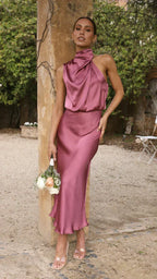 Robe midi élégante pour femme, à col halter et décolleté drapé