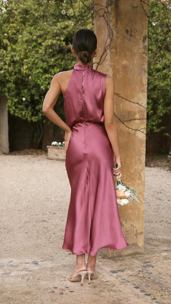 Robe midi élégante pour femme, à col halter et décolleté drapé