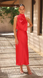 Robe midi élégante pour femme, à col halter et décolleté drapé