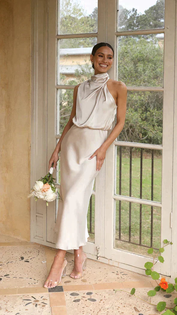 Robe midi élégante pour femme, à col halter et décolleté drapé