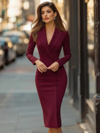 Robe midi pour femme, longueur genou, col à revers et coupe près du corps