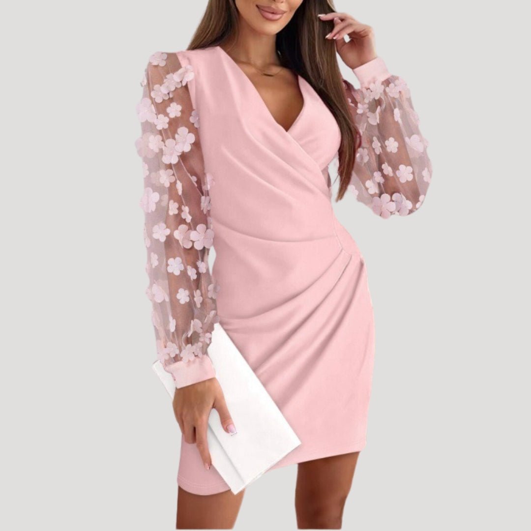 Women's short wrap dress, sheer sleeves and V-neck