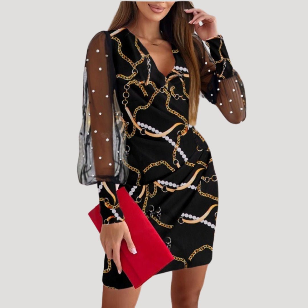 Women's short wrap dress, sheer sleeves and V-neck