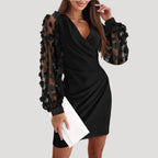 Women's short wrap dress, sheer sleeves and V-neck