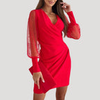 Women's short wrap dress, sheer sleeves and V-neck