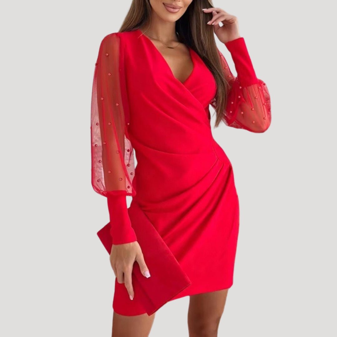 Women's short wrap dress, sheer sleeves and V-neck