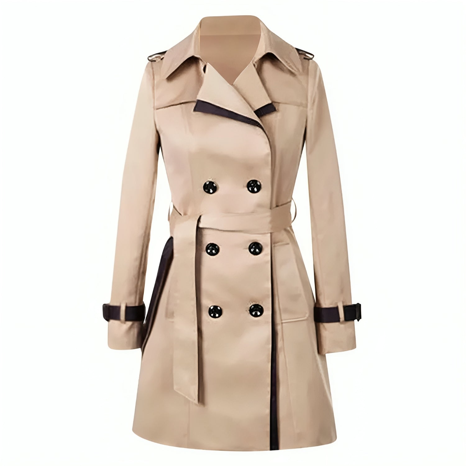 Trench-coat beige élégant pour femme, double boutonnage, ceinture assortie, style classique, mode automne-hiver, vêtement chic et intemporel.