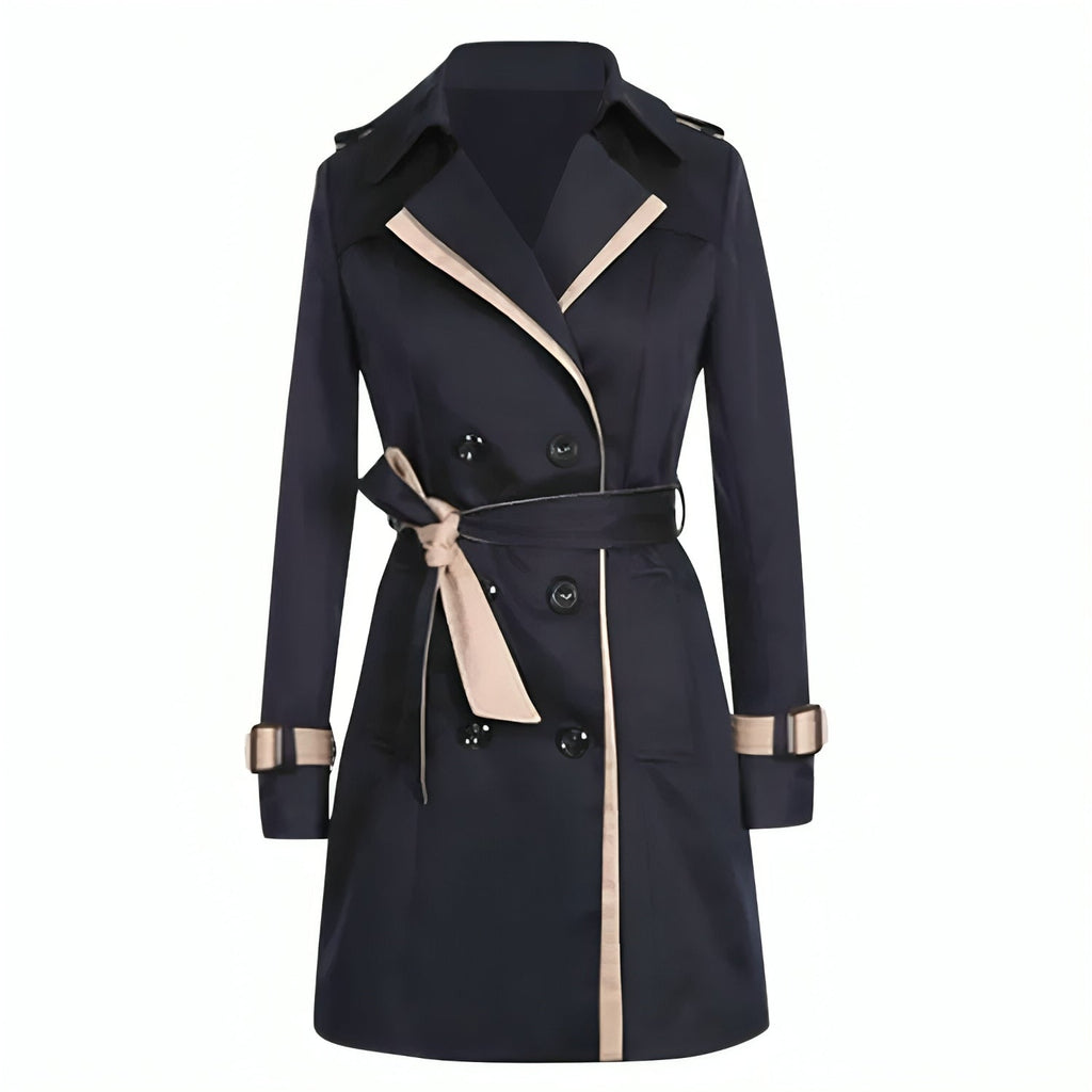 Trench-coat bleu marine élégant avec ceinture, boutons noirs et détails beiges, mode automne-hiver, vêtement femme chic et tendance.