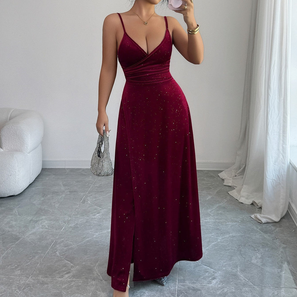 Robe longue scintillante à bretelles de soirée