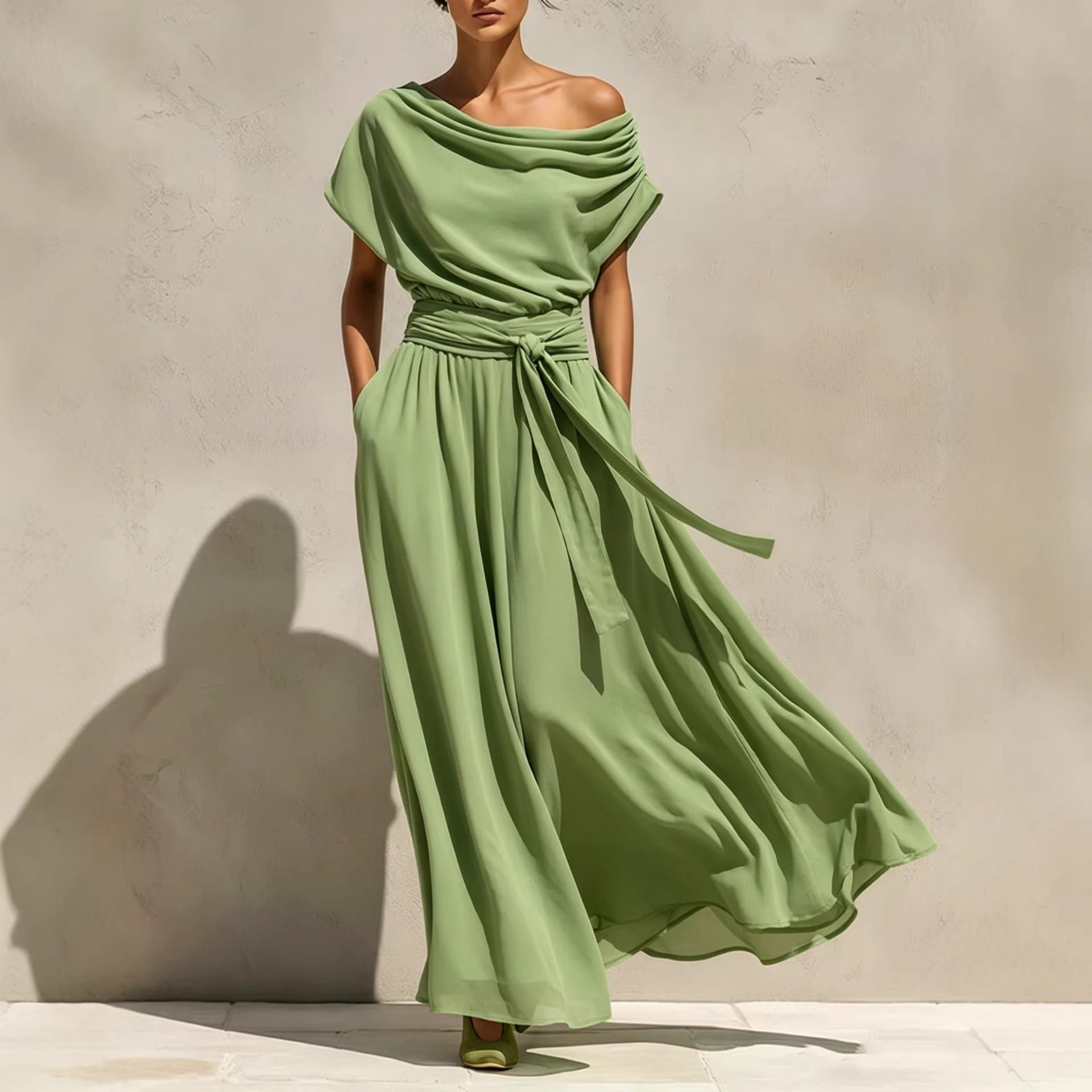 Robe mi-longue plissée taille marquée manches courtes