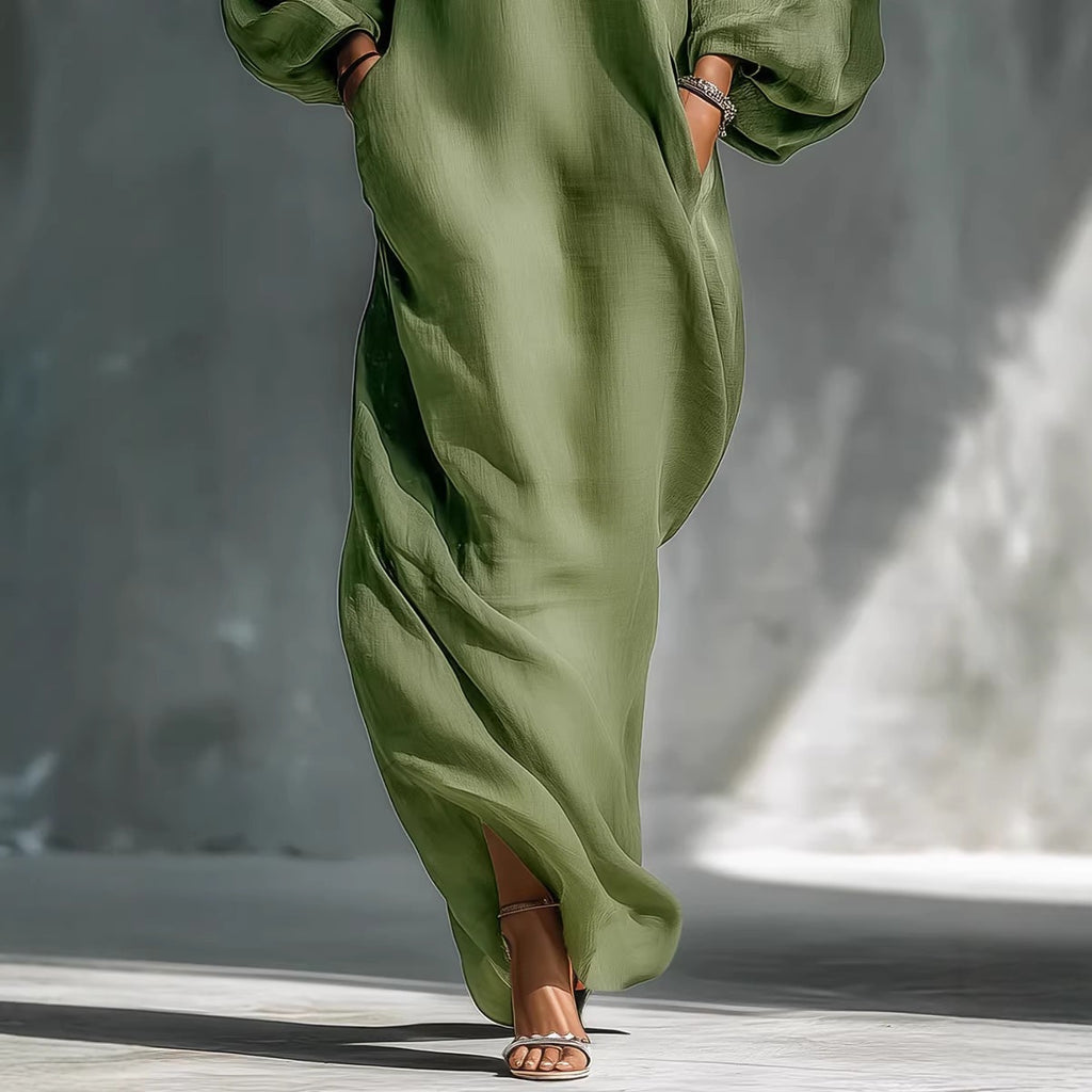 Robe lin vert épaulés dénudés, coupe ample et fluide