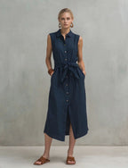 Robe droite lin-coton sans manches teinte unie