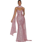 Sequin evening dress with side slit