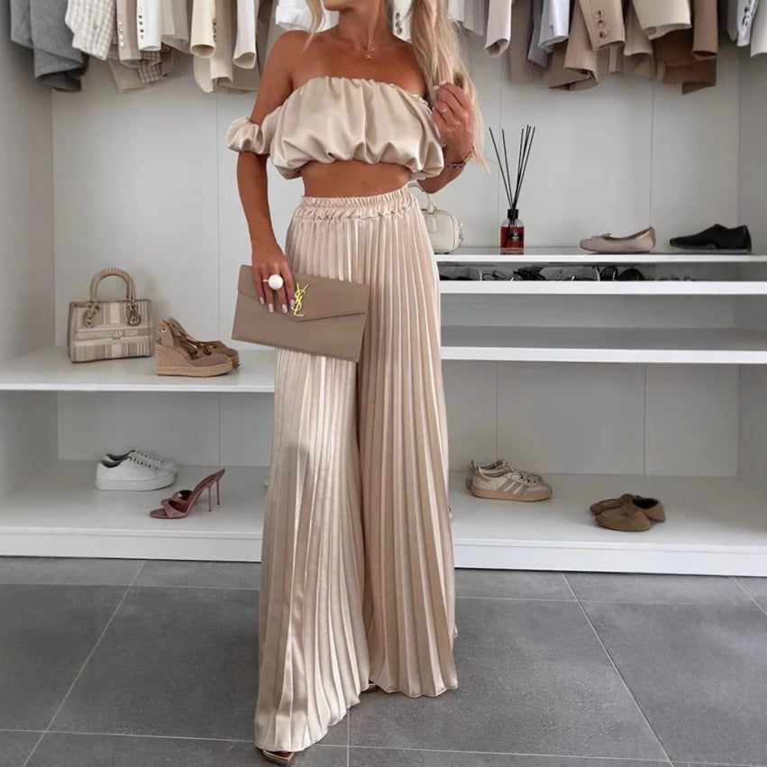 Satin tube top and wide-leg pants set