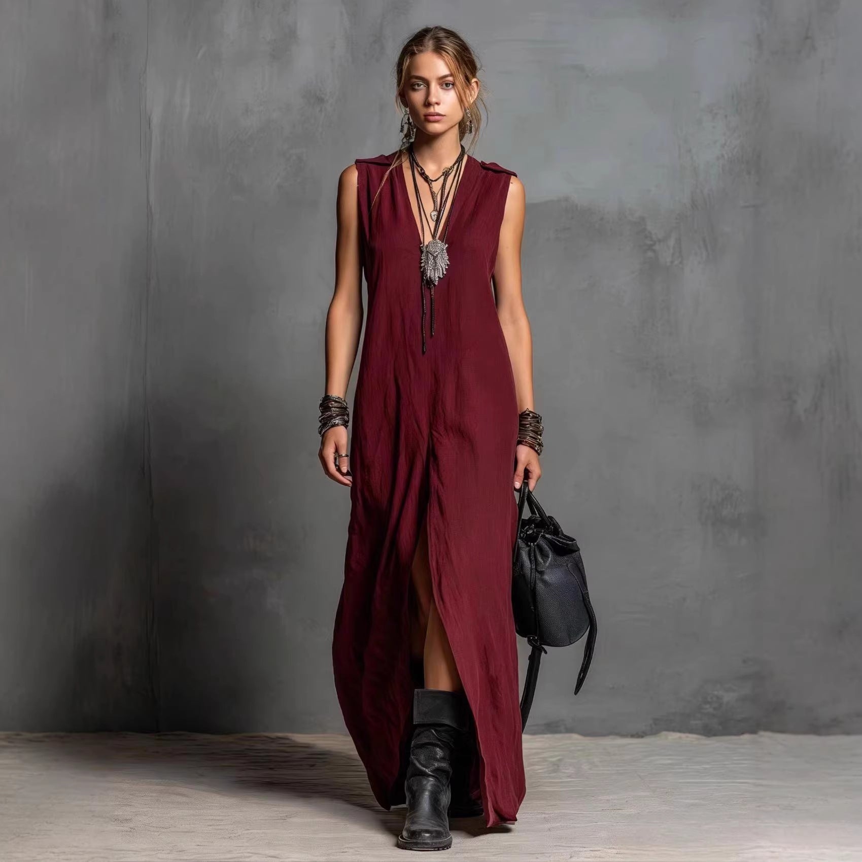 Robe longue fendue à encolure V, coupe ample