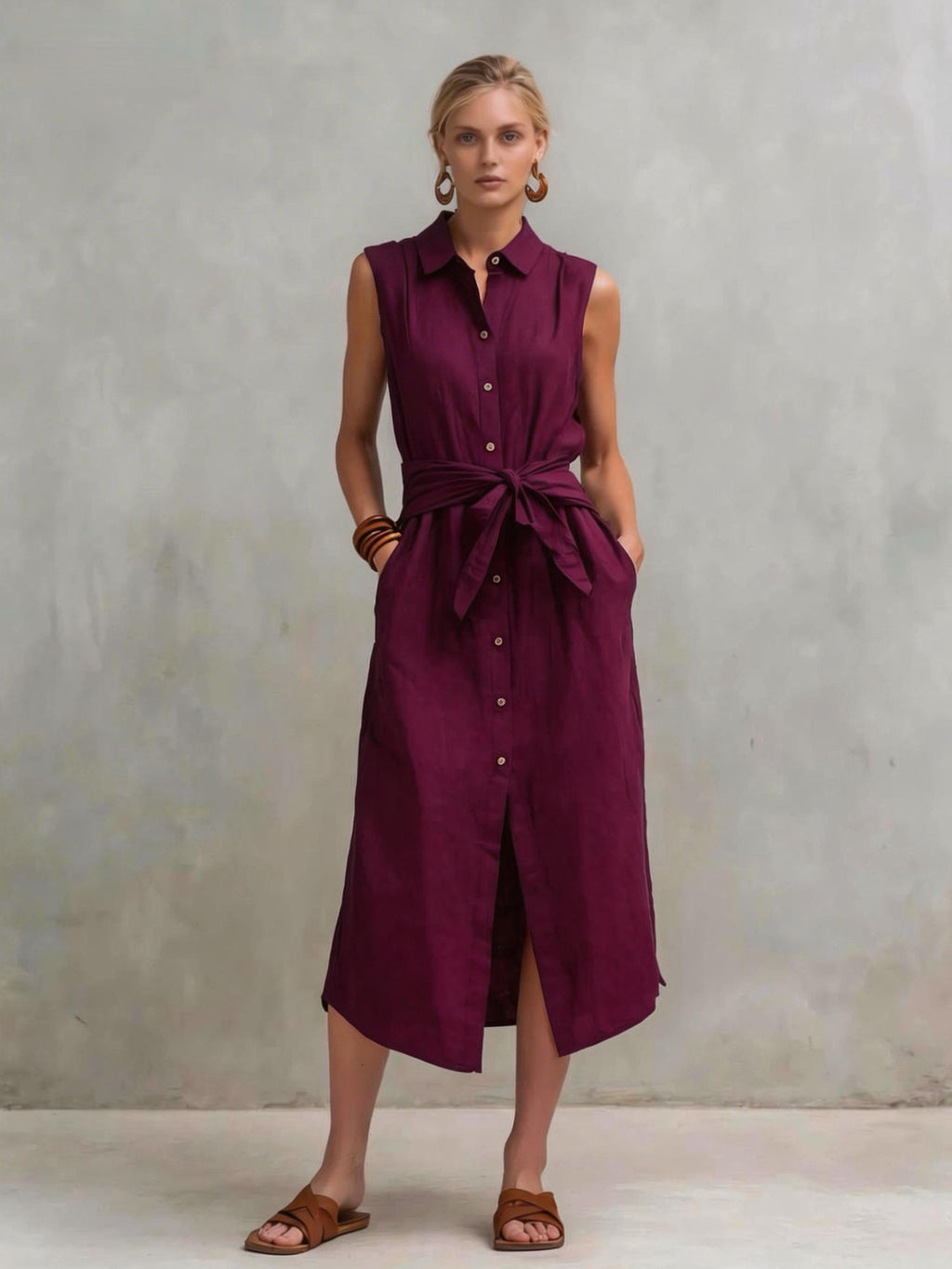 Robe droite lin-coton sans manches teinte unie