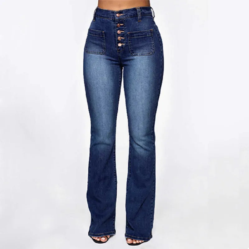 Jeans slim taille haute à bouton et bas évasé - Chic&Shines