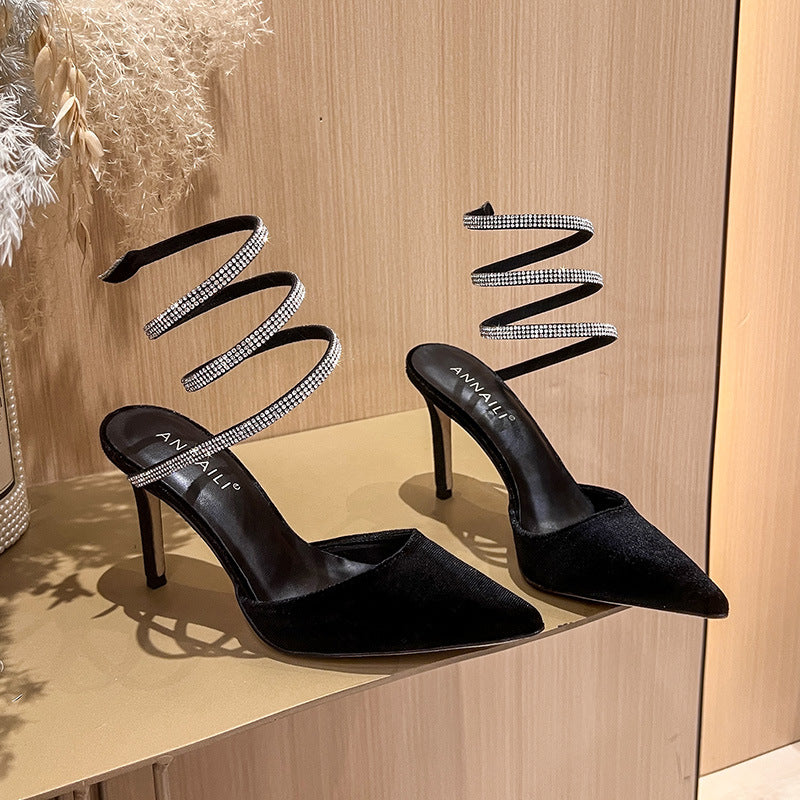 Stiletto heeled rhinestone strap pumps