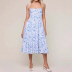 Sky blue floral midi dress with a defined waist