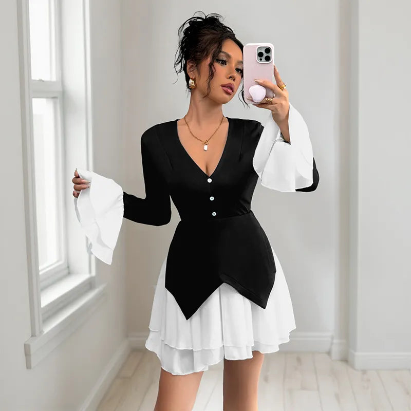 Robe chemise bicolore manches longues décolleté - Chic&Shines