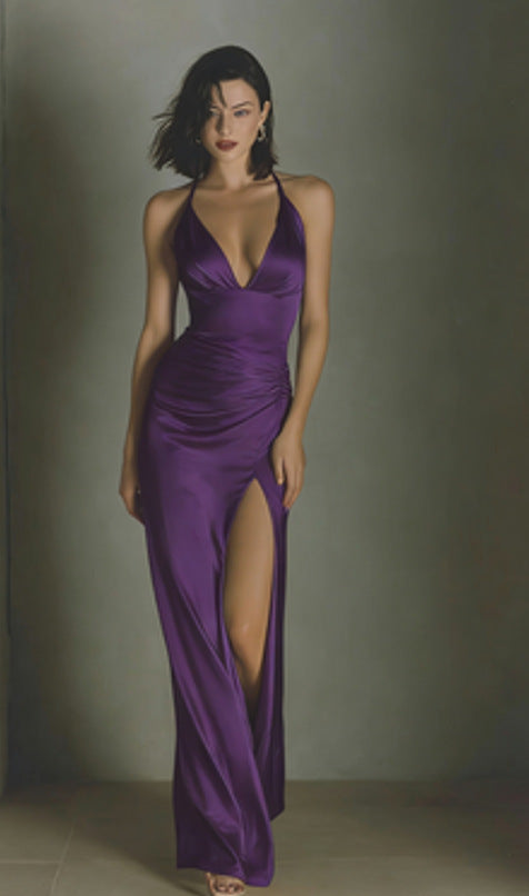 Robe longue satinée élégante — Ceinture noeuds et fente