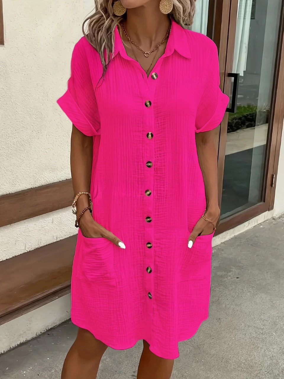Chemise-robe lin coton unie à boutons
