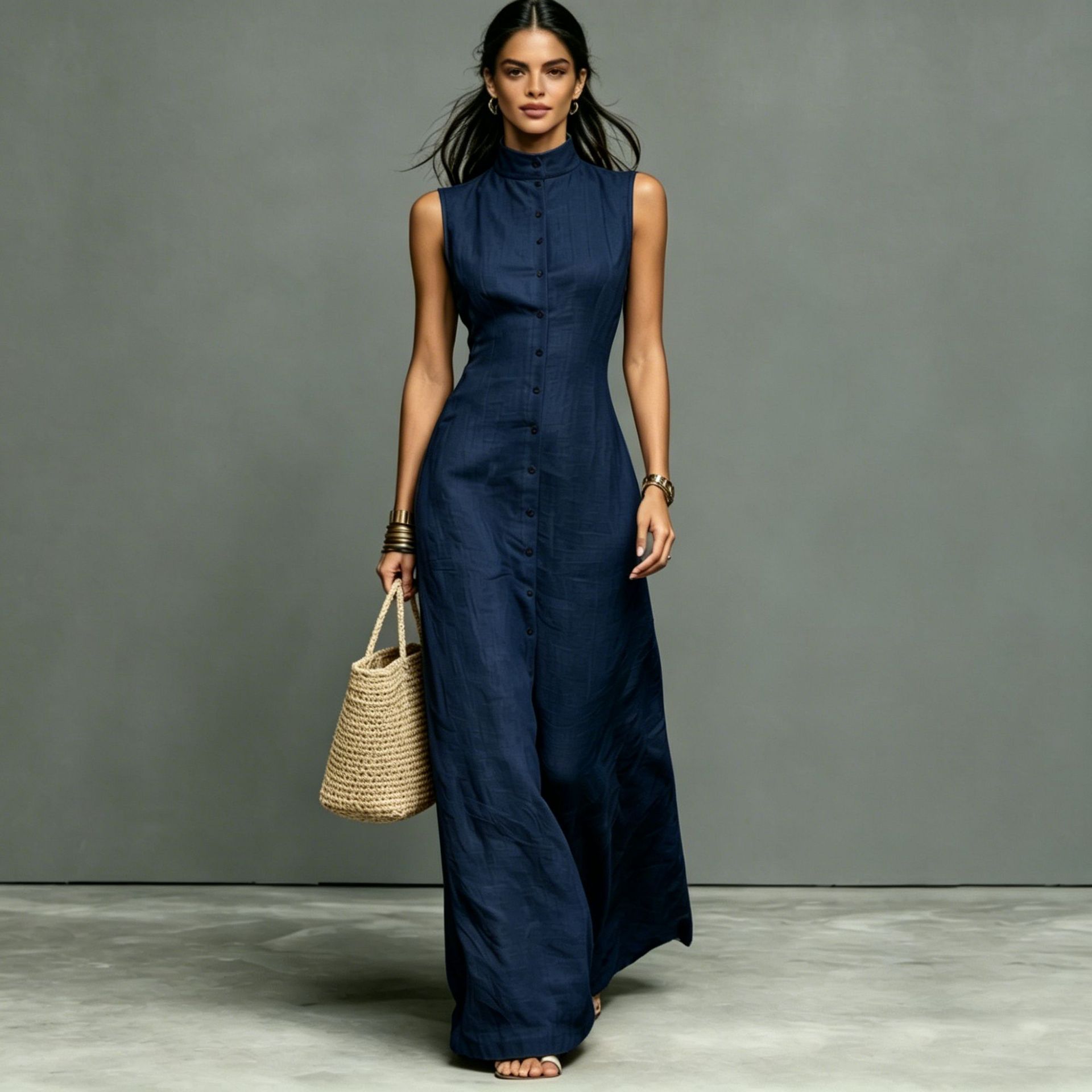 Robe longue sans manches col dressé — Élégance intemporelle