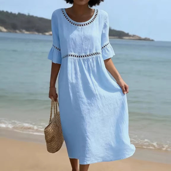 Robe élégante lin-coton, col rond, manches trois-quarts