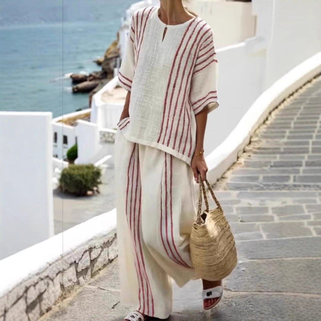 Ensemble rayé coton-lin — Top et pantalon casual