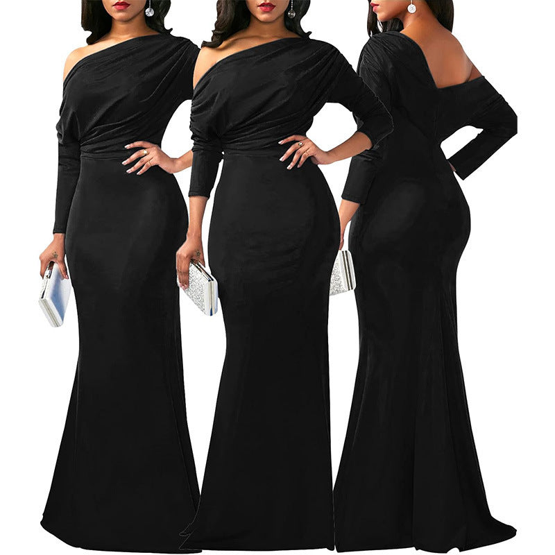 Elegant long oblique shoulder evening dress