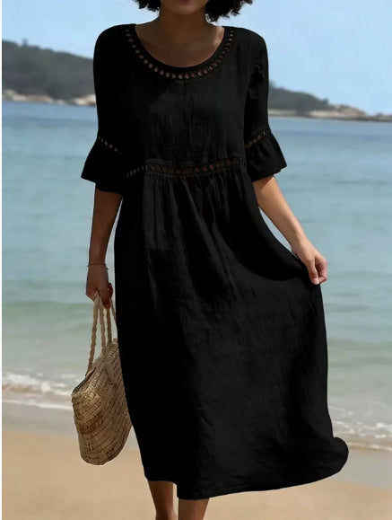 Robe élégante lin-coton, col rond, manches trois-quarts