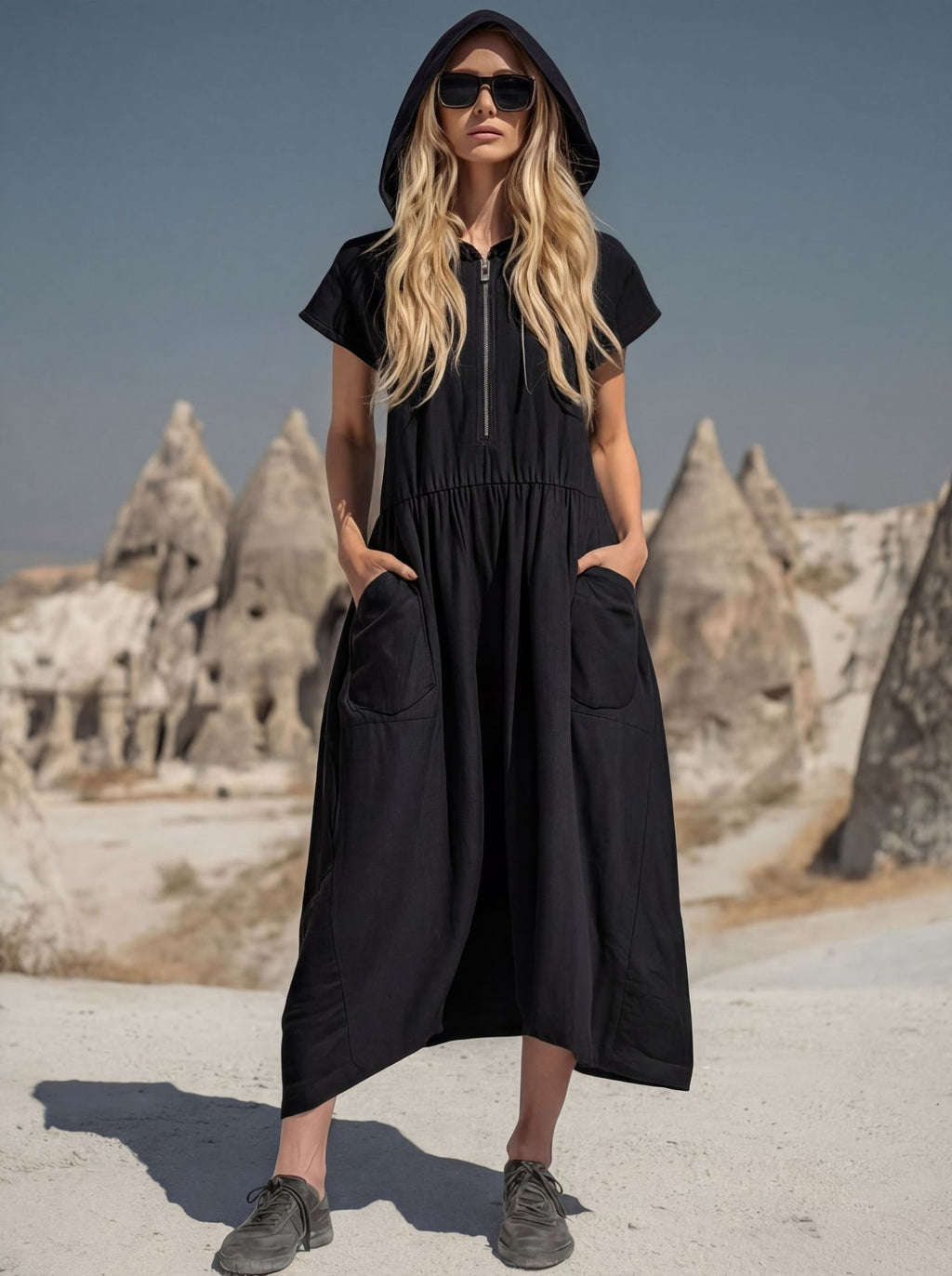 Robe midi à capuche et demi-zip