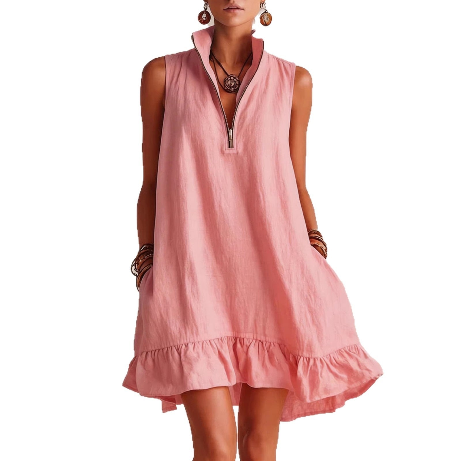 Robe trapèze sans manches à col demi-zip et volant