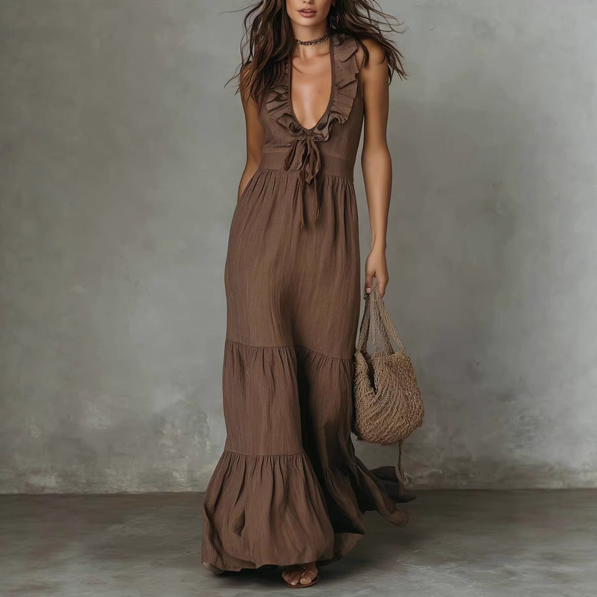 Robe longue lin coton col V sans manches