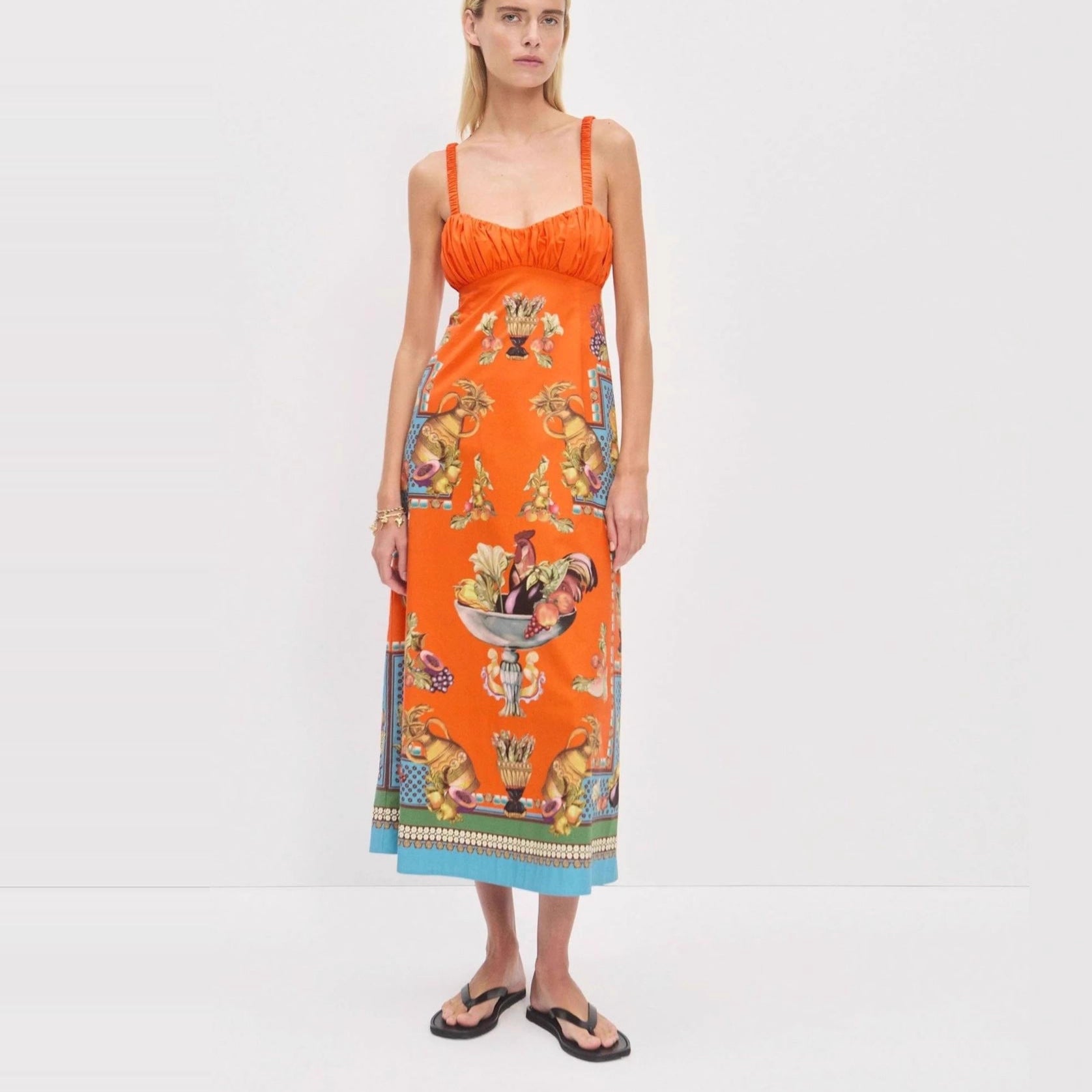 Robe longue lin imprimé, taille souple et volants