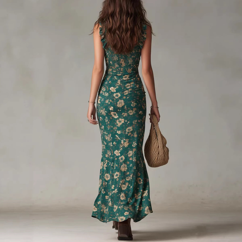 Asymmetric high-waisted ruffled maxi dress