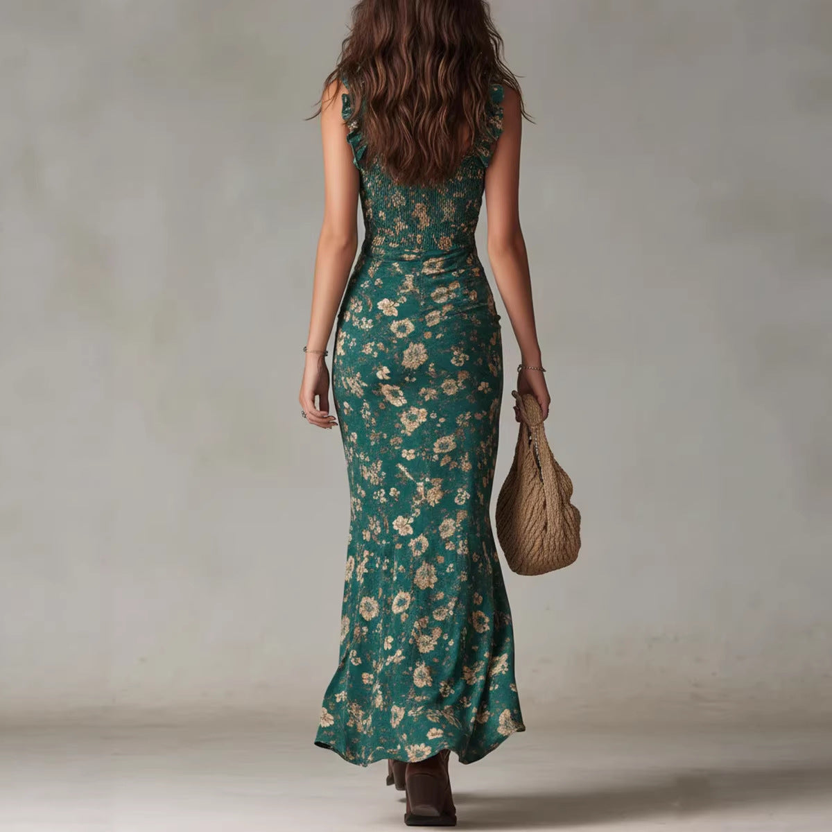 Asymmetric high-waisted ruffled maxi dress