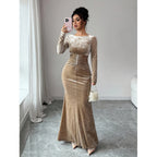 Robe longue velours beige à taille marquée et perles