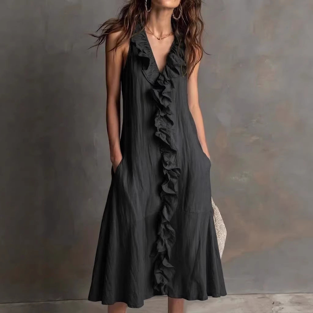 Robe longue lin-coton décolleté V volant