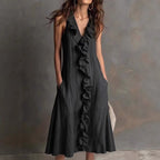 Robe longue lin-coton décolleté V volant