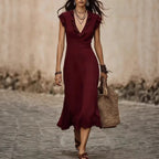 Robe midi fluide lin-coton encolure V volants